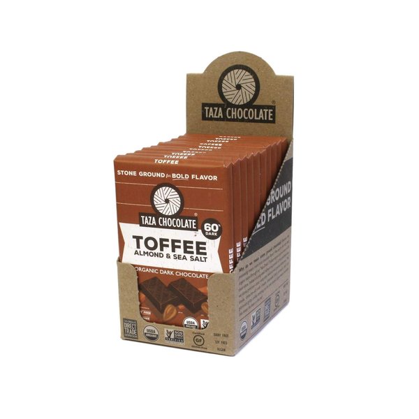 Taza Chocolate Organic Amaze Bar 60% Stone Ground, Toffee Almond Sea Salt, 2.5 Ounce (10 Count), Vegan