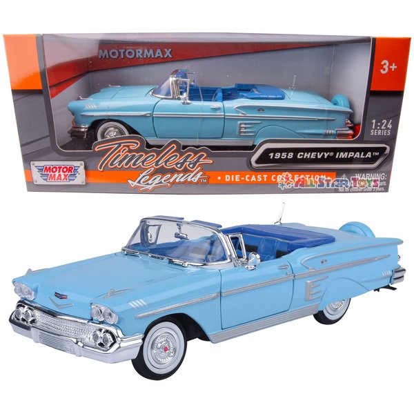 1958 Chevrolet Impala Convertible, Blue - Motormax Premium American 73267 - 1/24 Scale Diecast Model Car, unisex-children