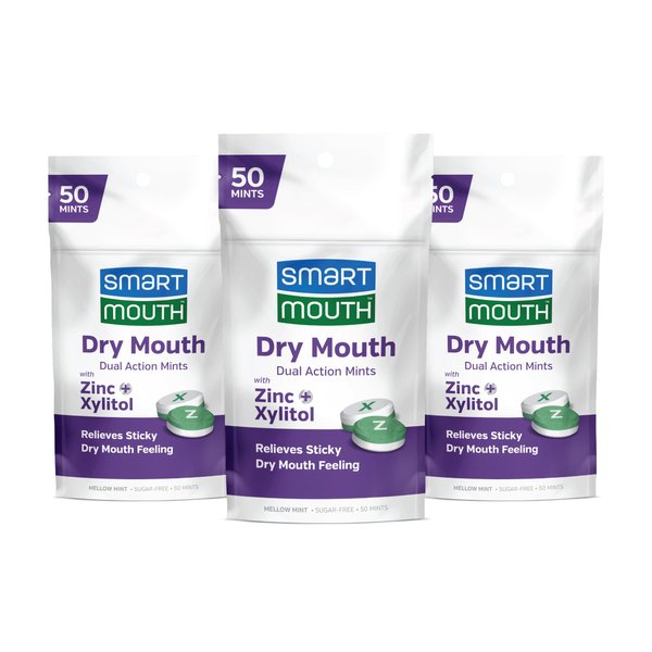 SmartMouth Dry Mouth Dual-Action Mints - Sugar-Free Breath Mints - 50 Count, 3 Pack, Mellow Mint