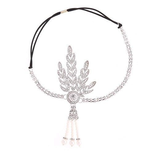 1920s Flapper Headband Great Gatsby Hair Hoops Rhinestone Crystal Tassel Headdress Leaf Pearl Headwear Headpiece Women Girls Hairband Hair Band Party Decoration Cosplay Costume Hair Accessories Silver