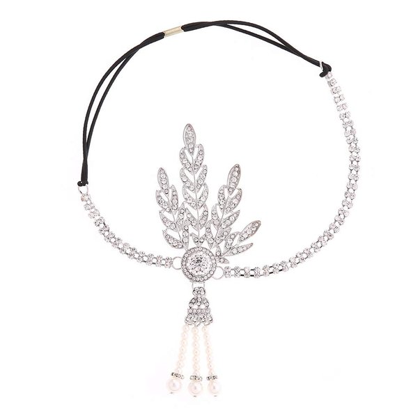 1920s Flapper Headband Great Gatsby Hair Hoops Rhinestone Crystal Tassel Headdress Leaf Pearl Headwear Headpiece Women Girls Hairband Hair Band Party Decoration Cosplay Costume Hair Accessories Silver