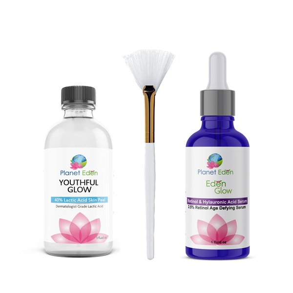 Planet Eden 40% Lactic Acid Skin Peel Kit with Hyaluronic Acid and 2.5% Retinol Serum and Fan Brush - Diminish and improve fine lines, Sun Damage, Dark spots, blemish marks