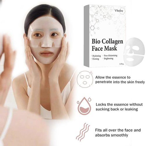 Vbolre Bio Collagen Face Mask 6 Sheets, Bio-Collagen Deep Mask Overnight, Korean Face Mask Skincare, Pure Collagen Facial Sheet Masks Glow Hydrating Anti Wrinkle Lifting Mask