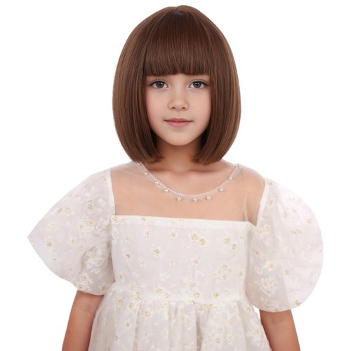 Edivd Kids Brown Bob Wig Girls Short Honey Brown Bob Wig with Bangs Dark Brown Bob Wig for Child Heat Resistant Synthetic Wig with Wig Cap