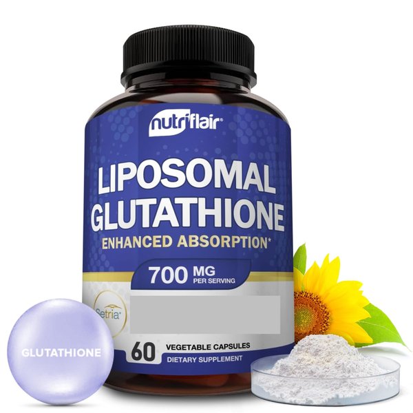 NutriFlair Liposomal Glutathione Supplement Setria¨ 700mg - Pure Reduced, Stable Form L-Glutathione Reductase (GSH) - Master Antioxidant Support, 60 Capsules