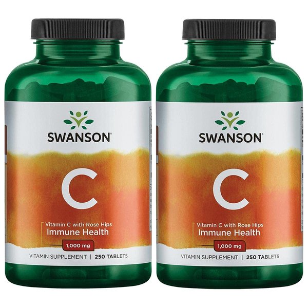 Swanson Vitamin C with Rose Hips Immune System Support Skin Cardiovascular Health Antioxidant Supplement 1000 mg 250 Tablets (Tabs) (2 Pack)