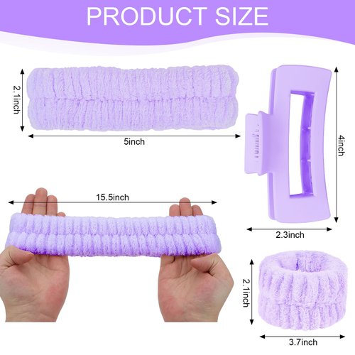 ACO-UINT 4Pcs Purple Spa Headband and Face Washing Wristbands Set, Skincare Headband Face Wash Headband Makeup Headband, Hair Claw Clip Skin Care Headband for Washing Face
