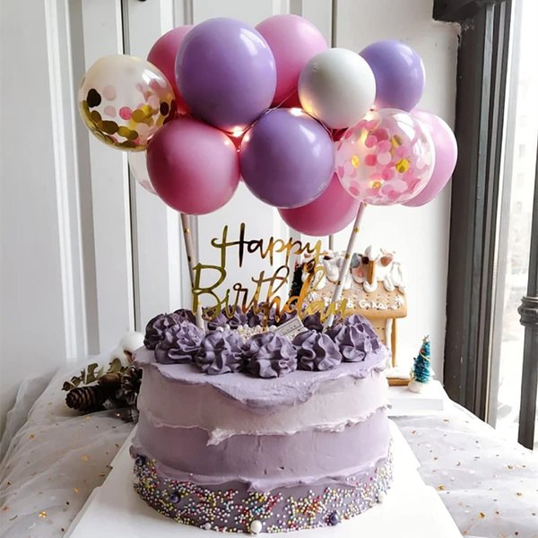 Balloons Cake Toppers, 14PCS Party Balloons and Happy Birthday Cards/Confetti Balloon Birthday Cake Supplies Decorations Set(Purple)