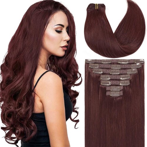 Caliee Clip in Human Hair Extensions Burgundy Wine Red 99J Hair Straight Real Human Hair Extensions Clip in 140g 20 Inch Red Clip in Extensions 100% Virgin Hair Extensions 7PCS
