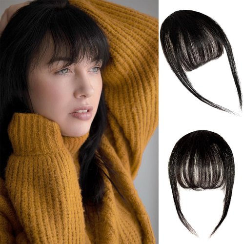 Flying Beauty Clip in Bangs 100% Real Human Hair Bangs Clip in Hair Extensions Clip on Wispy Bangs for Women Fringe Bangs Hair Pieces for Daily Wear(Brown Black)