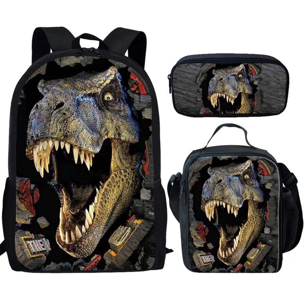 Showudesigns Cool Dinosaur Children Backpack Set with Schoolbag Lunch Bag Pencil Case Trex Backpack