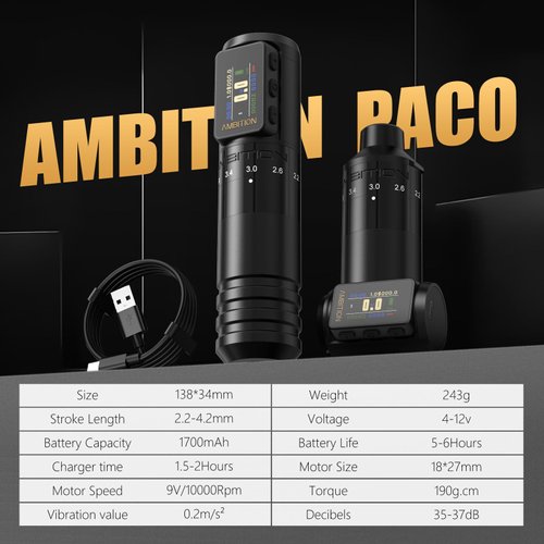 Ambition Paco V2 Wireless Tattoo Pen Machine with Adjustable Stroke- Rotary Cartridge Tattoo Gun with 1700mAh Power Coreless Motor Digital LCD Display for Professional Tattoo Artist