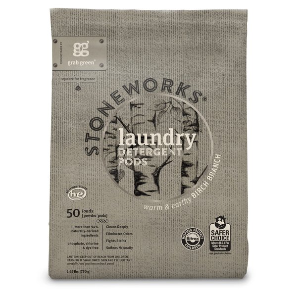 Grab Green Stoneworks Laundry Detergent Pods, Powered by Naturally-Derived Plant & Mineral-Based Powder Pods, Birch Branch, 50 Count (Pack of 1) Loads-EPA Safer Choice Certified