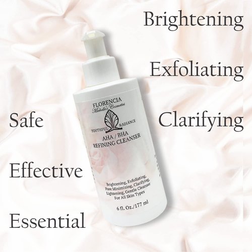 Florencia AHA BHA Refining Cleanser - Exfoliating Gentle Facial Cleanser, Daily Face Wash with Glycolic Acid, Salicylic Acid, Lactic Acid, Jojoba Beads, Pore Perfecting Face Scrub 6 fl Oz