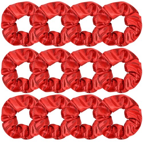 12 Pcs Shiny Metallic Cheer Dance Hair Scrunchies For Thick Hair School Performance/Sports/Practice/Party/Gymnastics Scrunchie Ponytail Holder Wrist for Girls Cosplay Show (Red)
