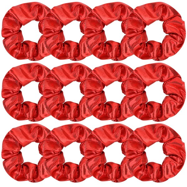 12 Pcs Shiny Metallic Cheer Dance Hair Scrunchies For Thick Hair School Performance/Sports/Practice/Party/Gymnastics Scrunchie Ponytail Holder Wrist for Girls Cosplay Show (Red)