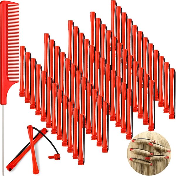 60 Pieces Short Hair Perm Rods Cold Wave Rods Plastic Perming Rods Hair Curling Rollers Curlers with Steel Pintail Comb Rat Tail Comb for Hairdressing Styling Supplies (0.2 Inch, Red)