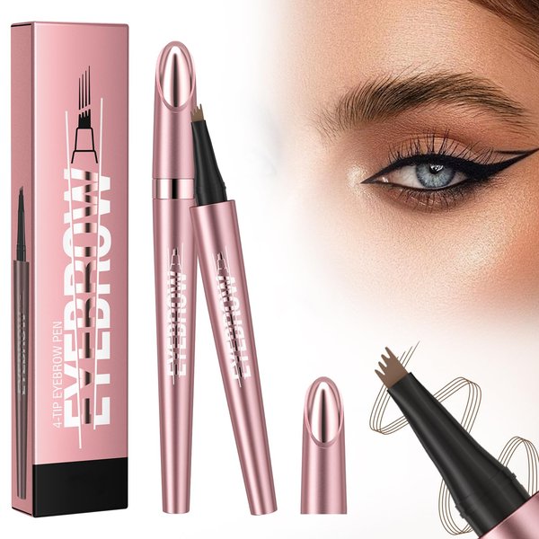 2Pcs Eyebrow Tattoo Pencil 4 Fork Tip 3D Microblading, 2024 New Waterproof Magic Eyebrow Pencil, Natural Makeup Fine Stroke Magic Eyebrow Pencil with 4 Micro-Fork Tip for Women (Light Brown)