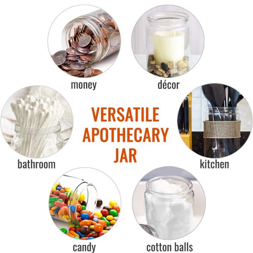 MABIS Decorative Storage Apothecary Clear Glass Jar for Kitchen, Bathroom or Laundry Organization, Medical Sundry Jar with Metal Lid, 4.1 x 3.9 x 7 inches