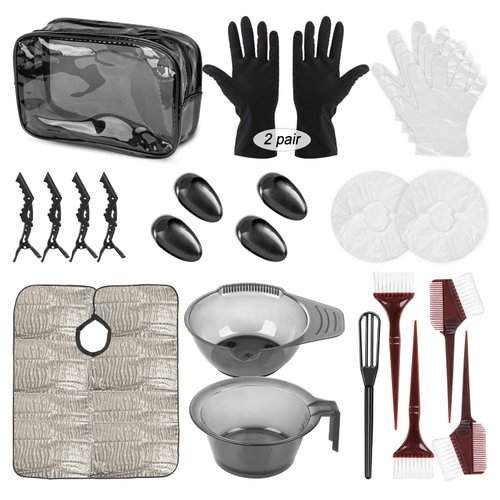 25 Pcs Hair Dye Kit, Hair Tinting Bowl Dye Brush Ear Cover Clips Gloves Storage Bag DIY Salon Disposable Hood and gloves, Home Use Hair Coloring Bleaching Hair Dryers Hair Dye Coloring Tools Set