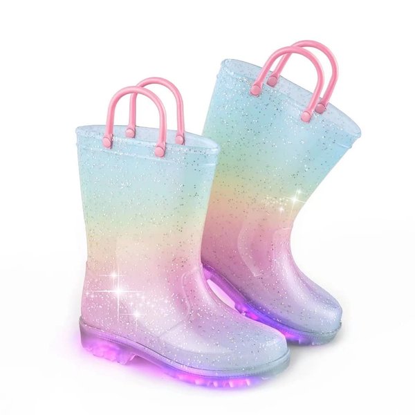EUXTERPA Toddler Kids Glitter Light Up Waterproof Rain Boots for Girls Sparkle Rainbow Rain Shoes with Easy On Handles, Size 12