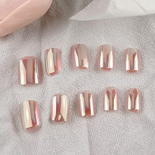 Pink Chrome Fake Nails Short Square Press On Nails Glitter Design Full Cover False Nails With Artificial Glossy Designs Acrylic Nails Reusable Stick On Nails By For Women Nail Decorations 24 Pcs