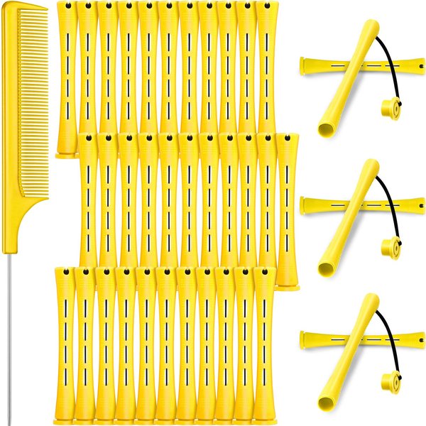 36 Pieces Cold Wave Rod Hair Perm Rods Hair Rollers Perming Rods Curlers with Steel Rat Tail Comb for Hairdressing Styling (Yellow, 0.28 Inch)