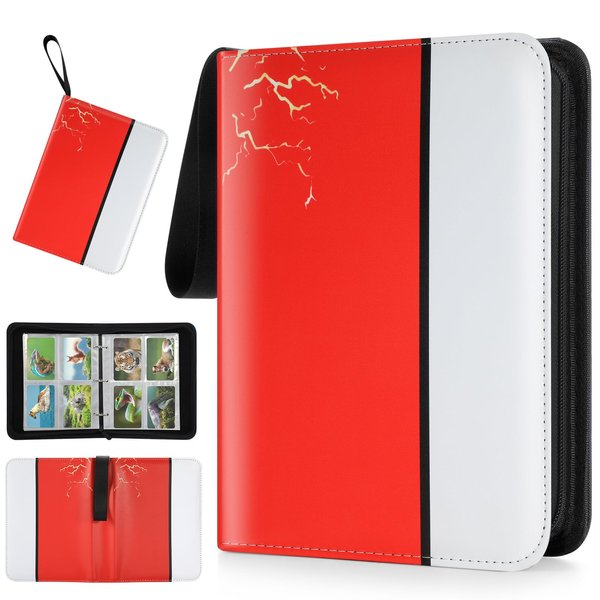 Hyywxcy Trading Card Binder, 4 Pocket 400 Cards Holder with 50 Removable Sleeves Display Storage Collector Album Compatible with Pokemon Cards TCG Game Football Sports Cards, Red