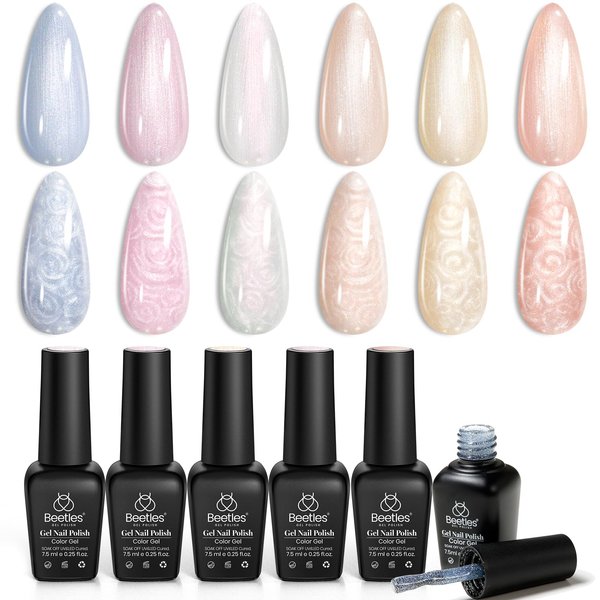 Beetles Pearl Gel Nail Polish, 6 Colors Pastel Pink White Orange Blue Colors Gel Nail Polish Shimmer Mermaid Nail Polish Shell Swirl Thread Effect Glitter Soak Off UV LED