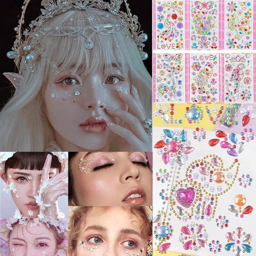 6 Sheets Glitter Rhinestones Self Adhesive Crystal Rainbow Makeup Diamonds Face Stick Gems Tattoo Sticker for Women Festival Accessory and Nail Art Decorations