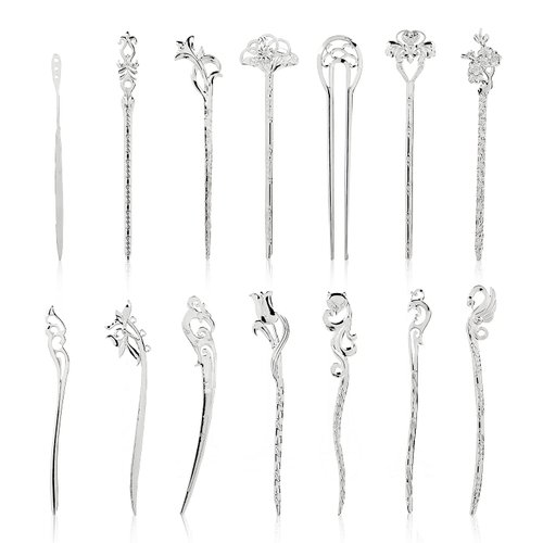 Lawie 14 Pack Vintage Retro Ancient Chinese Japanese Silver Metal Hair Sticks Pins Picks Long Straight Carved Horn Fork Pen Hairpins Chopstick Clip Barrettes Decorative Bun Hair Accessories for Women