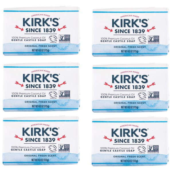 Kirk's Castile Bar Soap Clean Soap for Men, Women & Children| Premium Coconut Oil | Sensitive Skin Formula, Vegan | Original Fresh Scent | 4 oz. Bars - 6 Pack