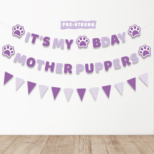 Pre-strung Dog Birthday Party Supplies, It's My Bday Mother Puppers Banner Sign Purple, Puppy Dog Paw Birthday Decorations Backdrop, Happy Birthday Decor Pennants Banner for Dog Boy Girl, Vicycaty