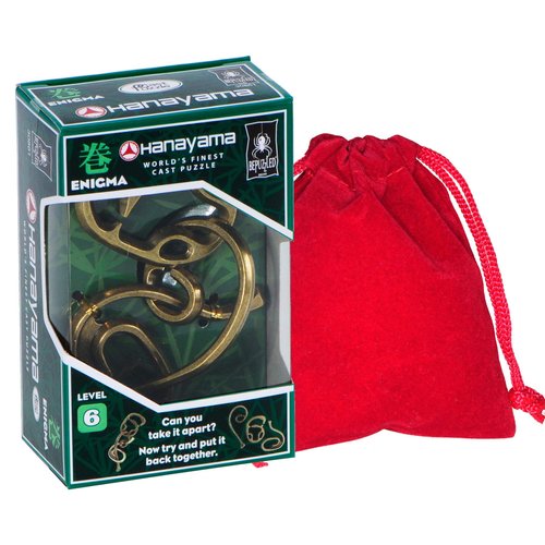 Enigma Hanayama Cast Metal Brain Teaser Puzzle, Level 6 Difficulty Rating, Red Velveteen Drawstring Pouch, Bundled Items