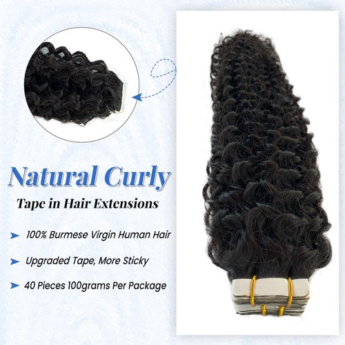 Curly Tape in Hair Extensions Human Hair Natural Black Invisible Tape in Extensions Real Human Hair 40PCS Natural Curly Human Hair Extension Tape ins for Black Women 14 Inch 100G with Extra Tabs
