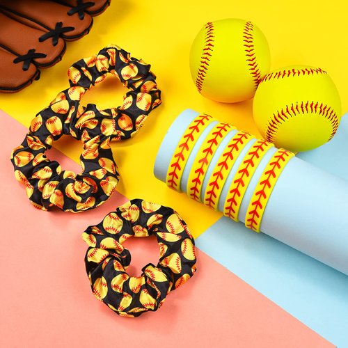 WILLBOND 20 Pcs Softball Volleyball Party Favors Set Include 10 Sport Hair Scrunchies Elastic Hairband Girl Hair Tie Sport Themed 10 Silicone Adjustable Charm Bracelet Teens(Softball Pattern)