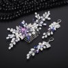 Teyglen Pearl Bride Wedding Hair Comb Purple Rhinestone Flower Hair Piece Silver Leaf Crystal Hair Side Comb Bridal Headpiece Hair Accessories for Women Girls