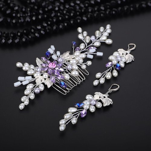 Teyglen Pearl Bride Wedding Hair Comb Purple Rhinestone Flower Hair Piece Silver Leaf Crystal Hair Side Comb Bridal Headpiece Hair Accessories for Women Girls
