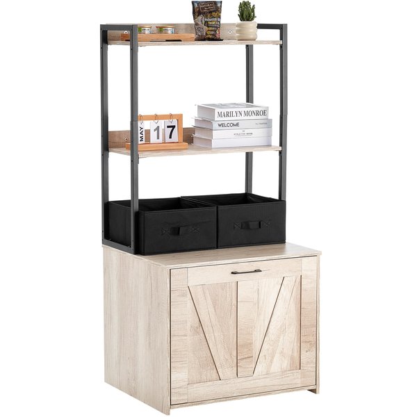 Happybuy Cat Litter Box Enclosure, Hidden Litter Box Furniture with 2 Storage Shelves & 2 Baskets, Wooden Cat Washroom Indoor, Cat House Cabinet Fit Most of Litter Box, 23.6"L x 19.7"W x 50"H, Natural