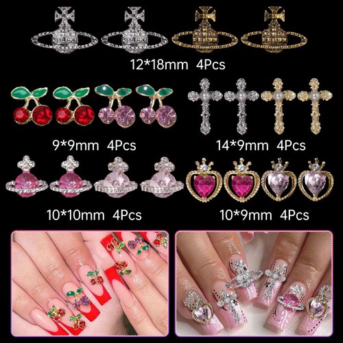 Assorted 3D Nail Gems Charms, Cross Planet Heart Cherry Nail Jewelry Charms, Pink Butterfly Bows Flower Heart Star Moon Acrylic Nail Charms for Nail Art DIY Decal Manicure Accessories