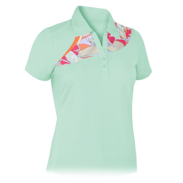 Monterey Club Women's Asym Print Block Polo Shirt #2659 (Beach Glass/Citrus Orange, Small)