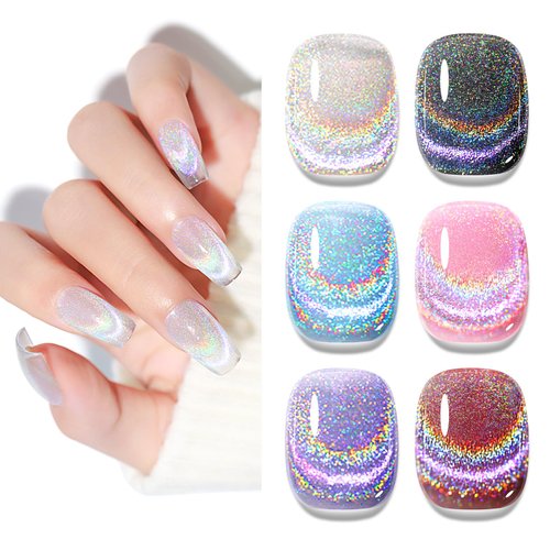 MIZHSE Cat Eye Gel Nail Polish: Glitter Rainbow Holographic Gel Polish with Magnet, Reflective Translucent UV Gel for Nail Salon Home DIY, Sliver Rainbow 10Ml