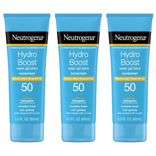 Neutrogena Hydro Boost Water Gel Sunscreen Lotion with Broad Spectrum SPF 50, Water-Resistant Hydrating Body Sunscreen, Non-Greasy, Hyaluronic Acid, Travel Size, 3 fl. Oz, Pack of 3