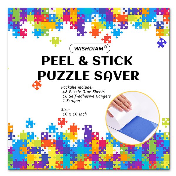 Puzzle Glue Sheets for 8 X 1000 Puzzles, 48 Puzzle Saver Sheets Peel & Stick, Puzzle Saver No Stress & No Mess, Clear Puzzle Sticker Sheets Preserve Your Puzzles with 16 Adhesive Hangers & 1 Scraper