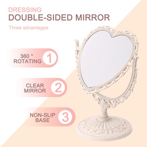 FRCOLOR Heart Shaped Makeup Mirror Tabletop Vanity Mirror Double Sided Magnifying Makeup Mirror with 360 Degree Rotation Vintage Bedroom Vanity Mirror (Heart Shape, Beige)