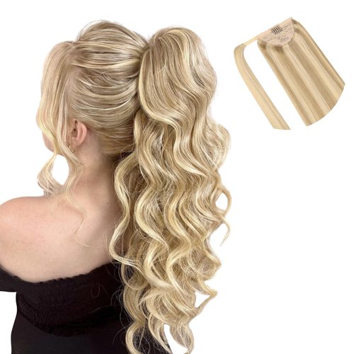 HOTBANANA Ponytail Extension, 14 Inch Ponytail Extension Human Hair Clip in Wrap Around Ponytail Hair Piece Light Blonde Highlighted Golden Blonde Long Straight Remy Human Hair Extension 75g