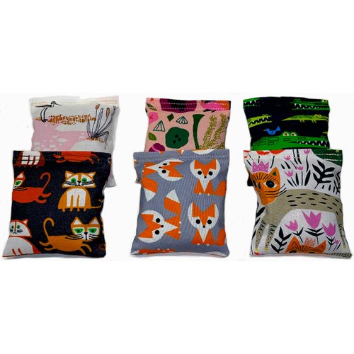 One Organic Catnip Toy from six designs, Made with GOTS Certified Organic Fabric, Organic Catnip, Organic Thread, Handmade in the USA