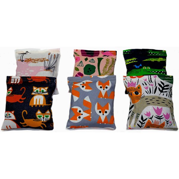 One Organic Catnip Toy from six designs, Made with GOTS Certified Organic Fabric, Organic Catnip, Organic Thread, Handmade in the USA