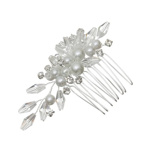 SAMKY Flower Bouquet Bridal Wedding Tiara Hair Comb - Silver Plated Crystals Faux Pearls FC040