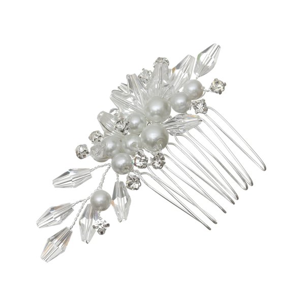 SAMKY Flower Bouquet Bridal Wedding Tiara Hair Comb - Silver Plated Crystals Faux Pearls FC040
